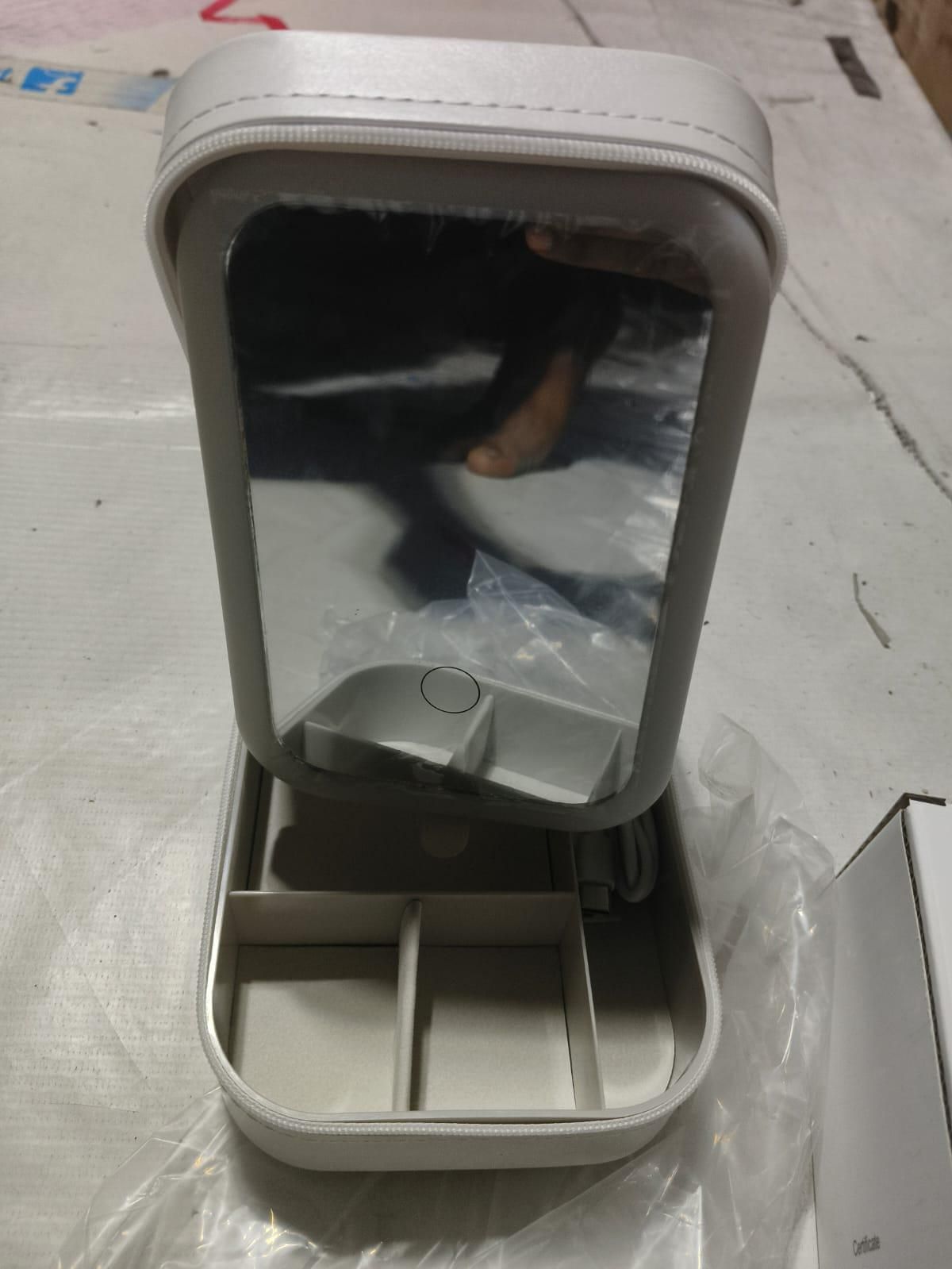 LED Mirror Jewelry Box - White Leather Storage Organizer