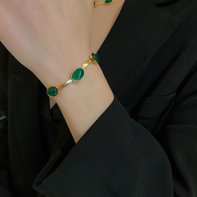 Green Crystal Pendant Necklace Set With Bracelet