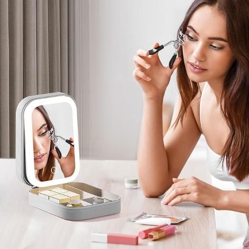 LED Mirror Jewelry Box - White Leather Storage Organizer