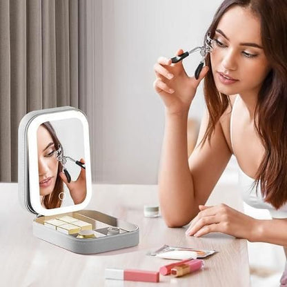 LED Mirror Jewelry Box - White Leather Storage Organizer