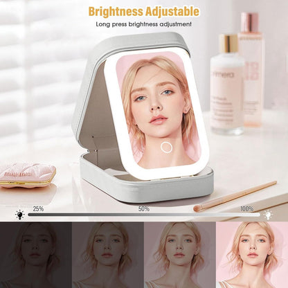 LED Mirror Jewelry Box - White Leather Storage Organizer