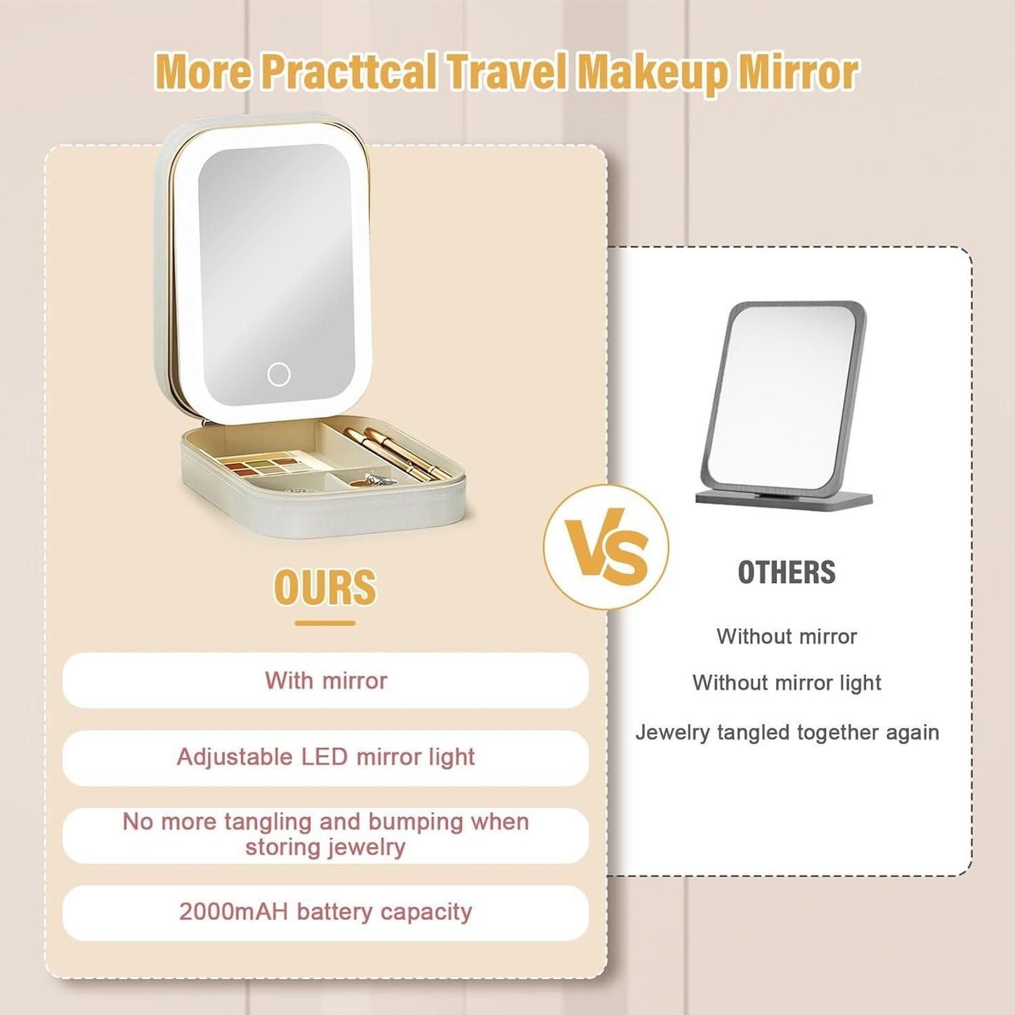 LED Mirror Jewelry Box - White Leather Storage Organizer